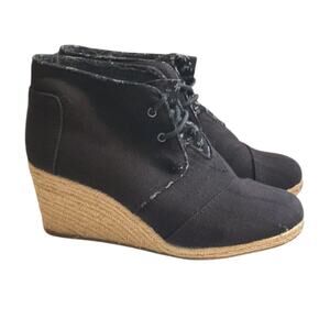 Toms Booties Women's Size 8.5 M Desert Wedge Black Linen Lace-Up Espadrilles